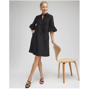 Chico’s 100% linen Lace Appliqué sequin pockets black dress women’s 16